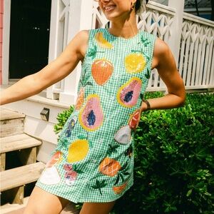 QUEEN OF SPARKLES Green Gingham Fruit Button Up Tank Dress